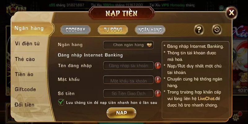 Các thao tác đơn giản sau khi nạp tiền game bài đổi thưởng